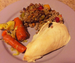 Paleo SCD Stuffing with Roasted Chicken and Vegetables