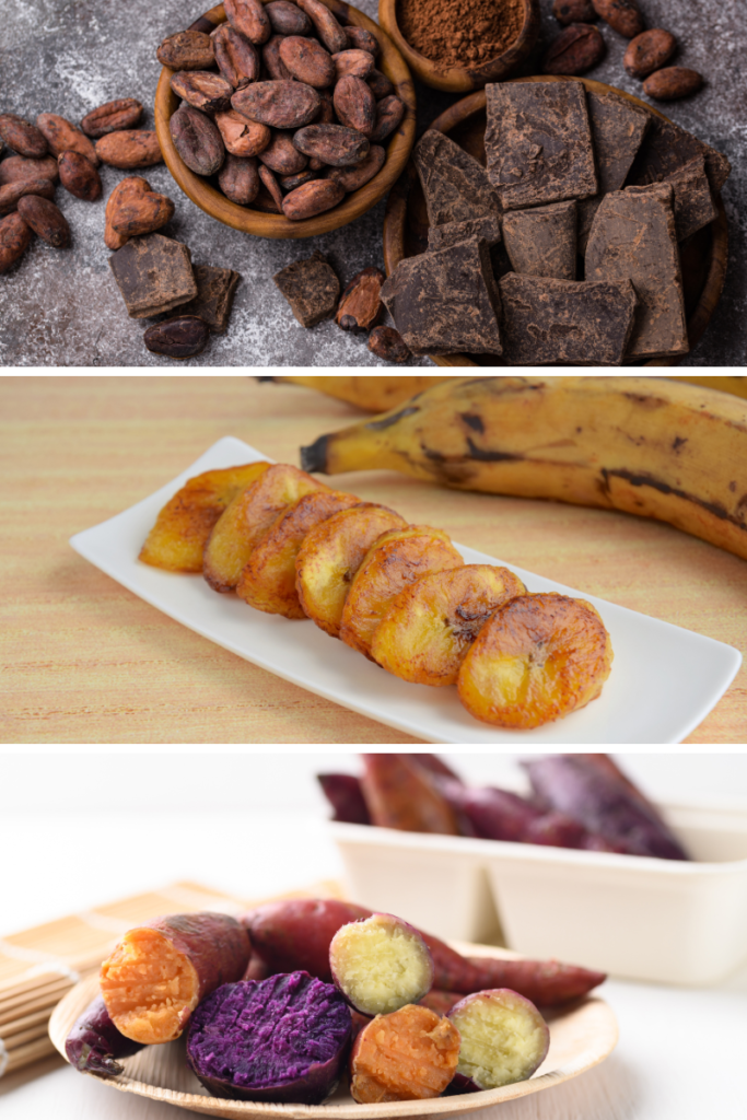 Three of my favorite beyond SCD foods including unsweetened cocoa, plantain, and sweet potato.