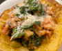 Stuffed Spaghetti Squash with Chicken, Heirloom Tomatoes & Kale