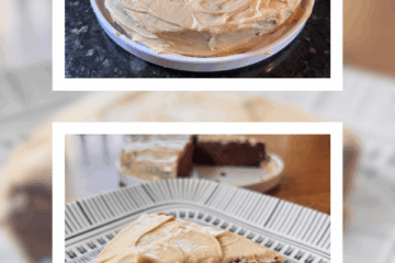 Slice of Instant Pot almond flour banana cake with honey cashew frosting and full cake in the background