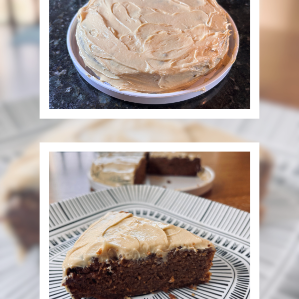 Slice of Instant Pot almond flour banana cake with honey cashew frosting and full cake in the background